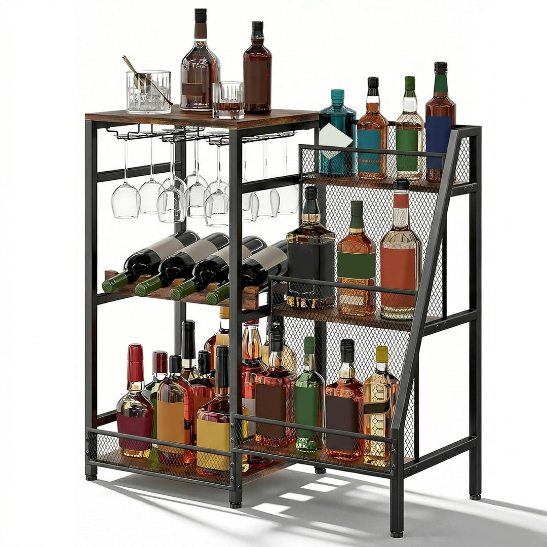 3-Tier Abgestufte Liquor Cabinet Mini Bar, Freistehendes Weinregal mit Geländer und Glashalter, Meta
