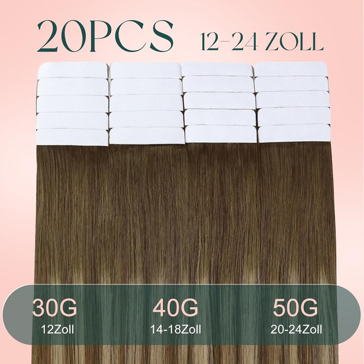 Easyouth Tape Extension Echthaar Ombre Braun Tape in Haarverlängerungen Extensions Remy Haar Mittelb