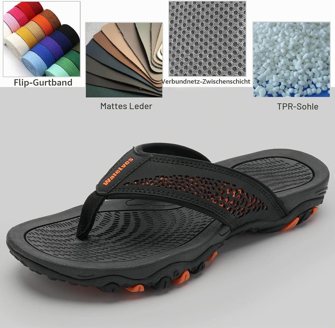 WateLves Herren Flip Flops Zehentrenner Leder mit Arch Support Sandalen Weich Leder Stoff Badelatsch