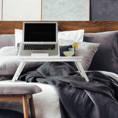 Relaxdays Bambus Laptoptisch, höhenverstellbarer Laptopständer für Bett und Sofa, mit Schublade, HBT
