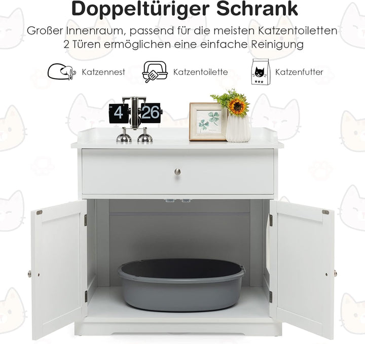 COSTWAY Katzenschrank mit Schublade & Tür & Eingang, 3-in-1 Katzenhaus Katzentoilette Beistelltisch,