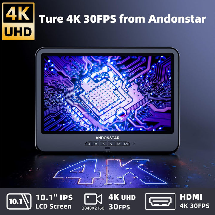 Andonstar 4K 30FPS Digitales mikroskop mit 10,1-Zoll, 3840P UHD Video & Audio, Pro Schwenkarm-Stände