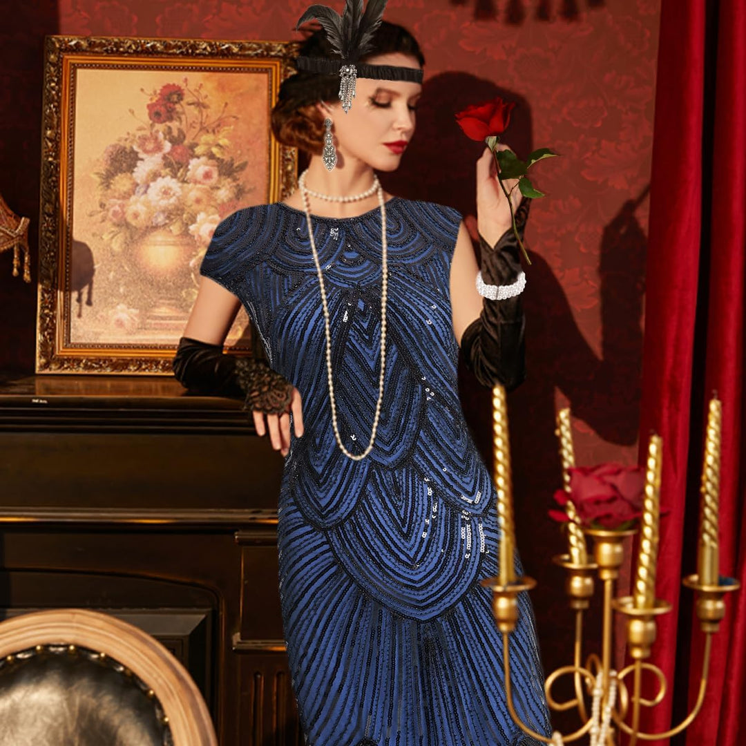 WILDPARTY 20er Jahre Kostüm Damen Charleston Kleid, Flapper Kleid mit Pailletten Perlen Fransen Netz