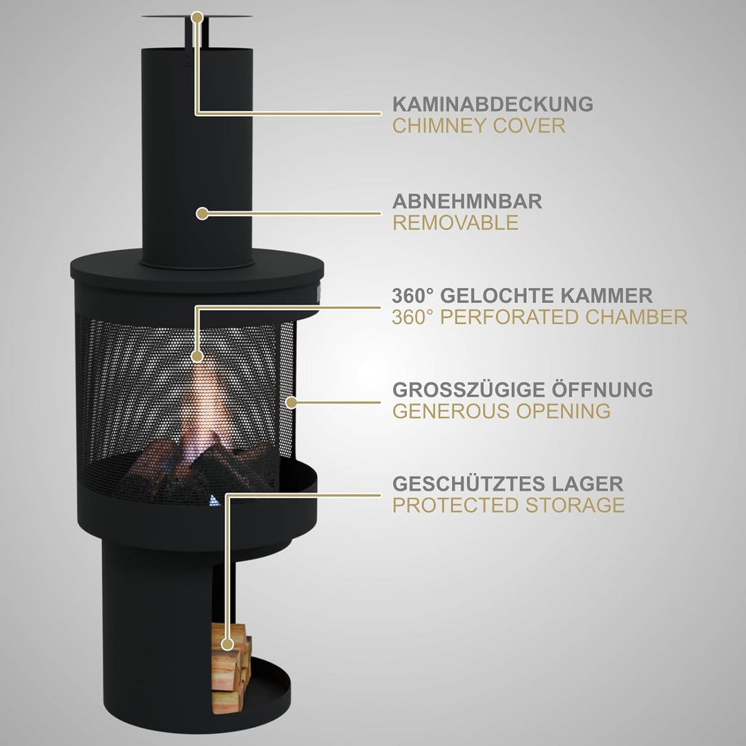 HAGO24 | Gartenkamin | Terrassenofen | Gartenofen | Stahl | Schwarz | Schürhaken | Rund | Outdoor |