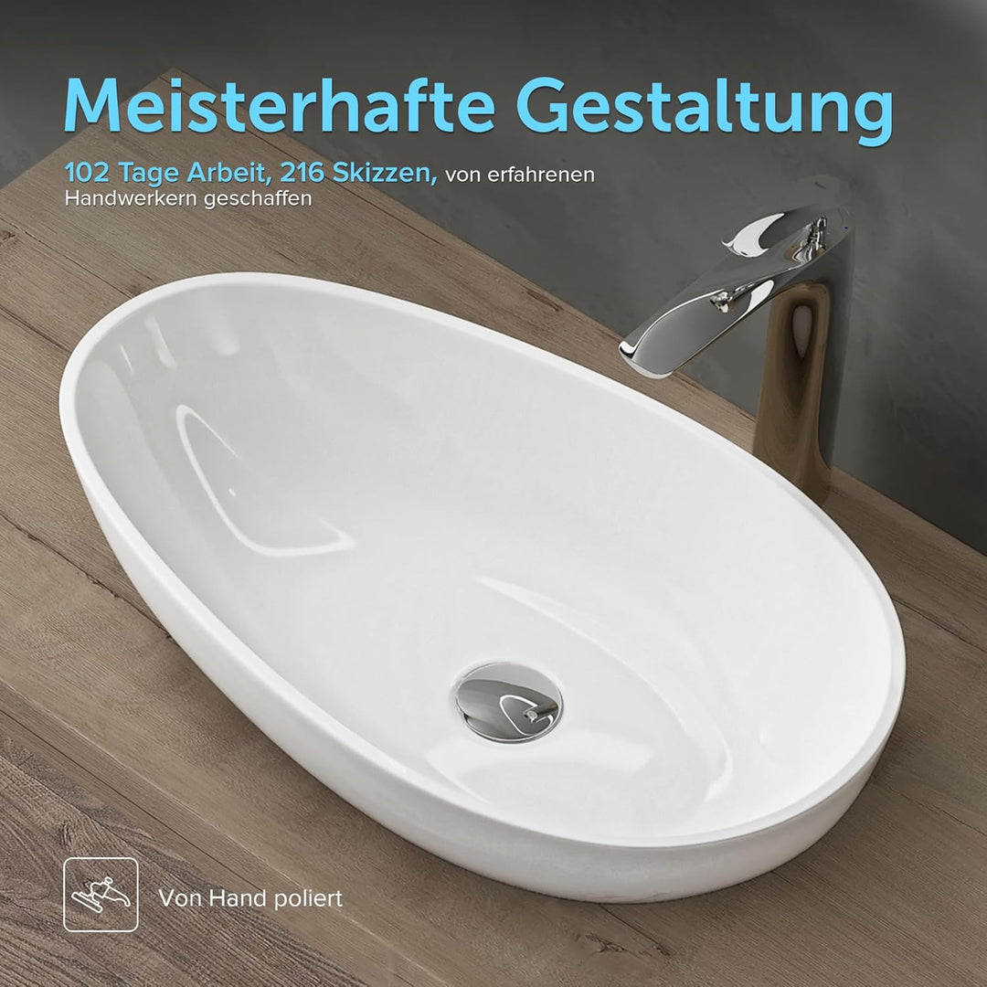 doporro Aufsatzwaschbecken Weiss glänzend oval 59,8x36x14cm Mineralguss Waschbecken ohne Armaturloch