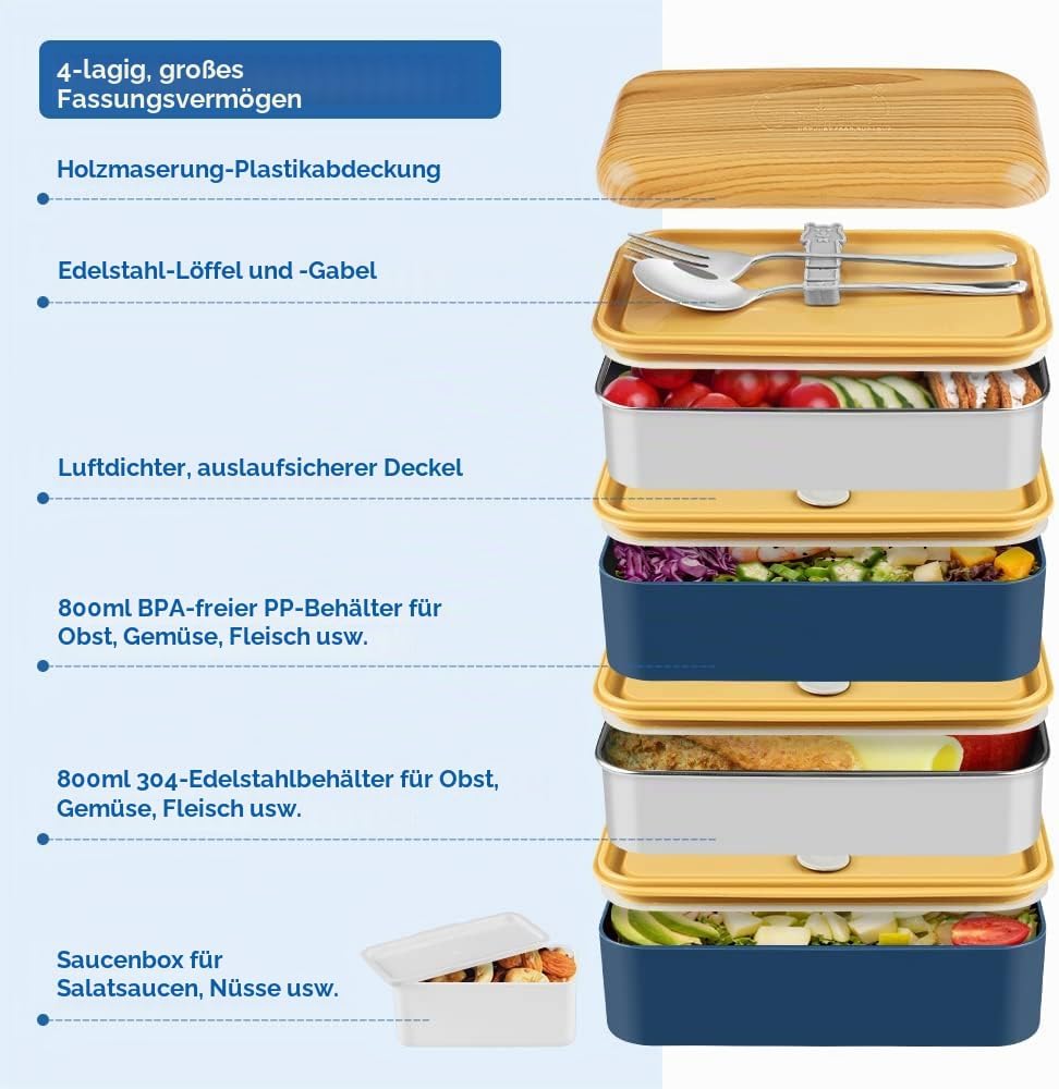 Bento Box, Lunchbox Brotdose mit Fächern 2 Ebenen mit 2 Stück Umweltfreundlichen PP & Edelstahlbehäl