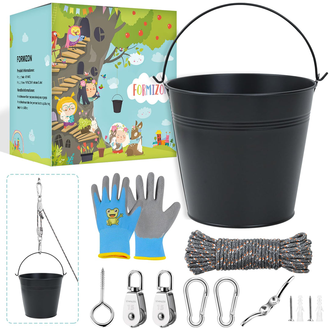 FORMIZON Flaschenzug Kinder | Zubehör fürs Baumhaus Spielturm Flaschenzug mit Metalleimer, Kinder Sp