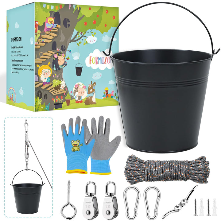 FORMIZON Flaschenzug Kinder | Zubehör fürs Baumhaus Spielturm Flaschenzug mit Metalleimer, Kinder Sp