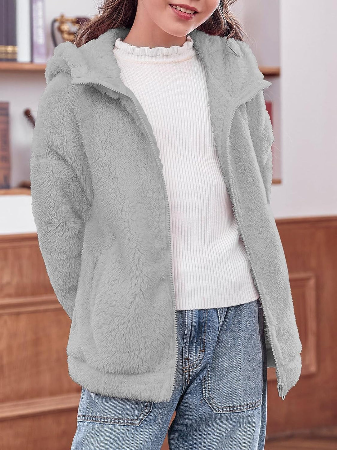 Haloumoning Mädchen Fleece Jacken Kinder Weich Fuzzy Kapuzenpullover Winter Coat Jacke, 5-6 Jahre Gr