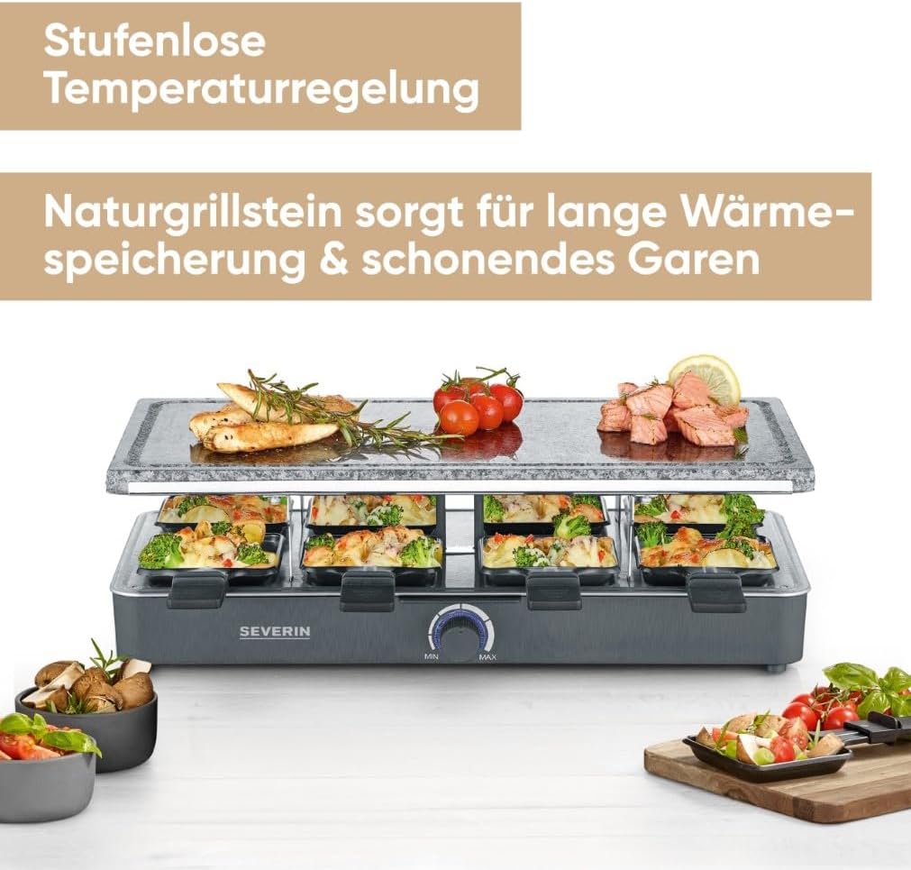 SEVERIN Raclette-Partygrill mit Naturgrillstein, Raclette mit Grillplatte aus Stein und 8 antihaftbe