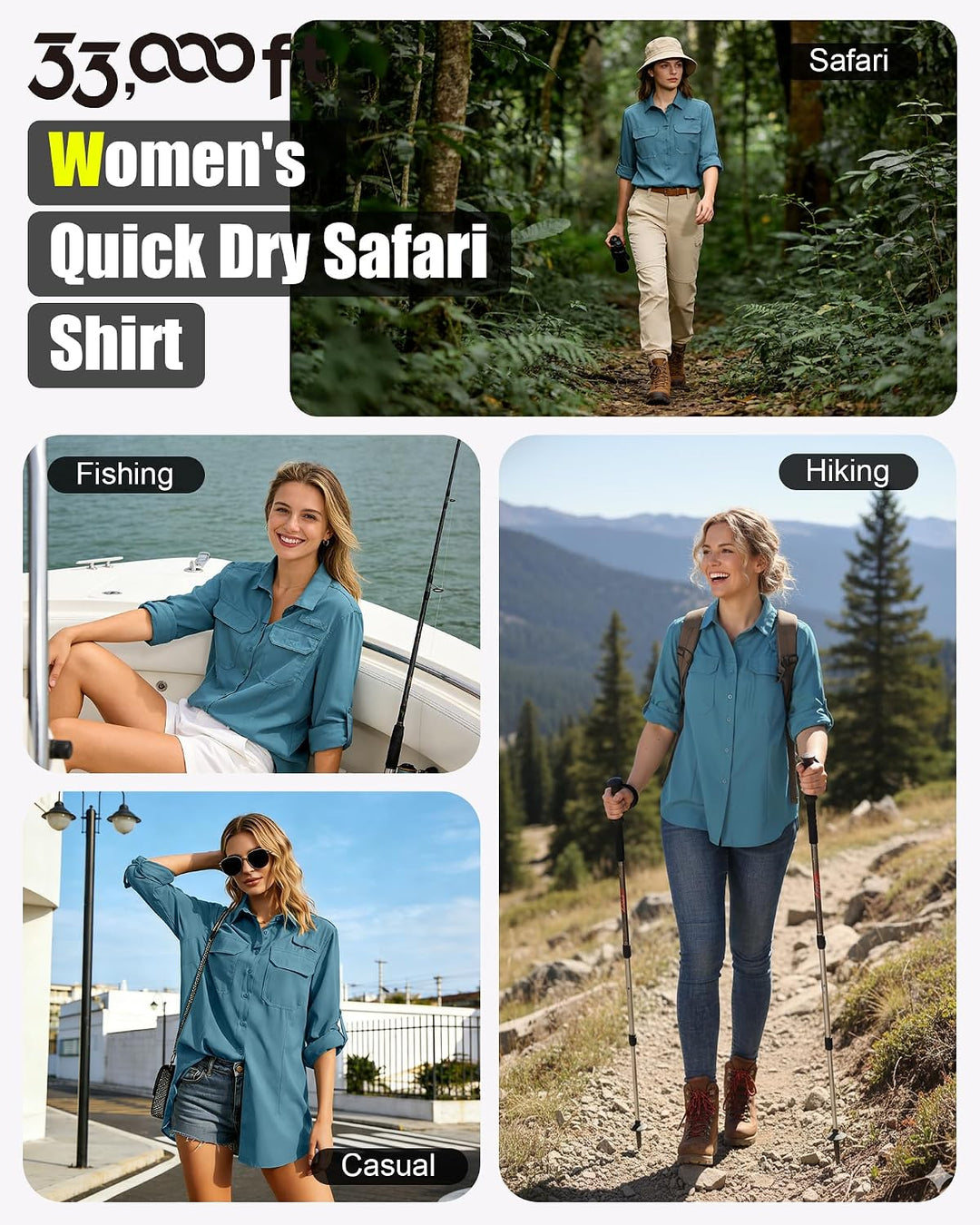 33,000ft Hemdbluse Damen UPF50 UV Schutz Hemd Schnelltrocknende Button-Down Shirts Atmungsaktive Wan
