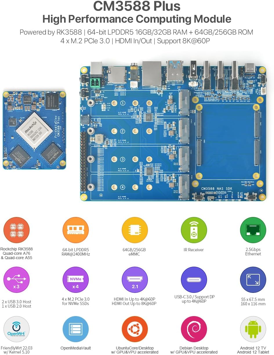 youyeetoo CM3588 Plus Mini NAS Plattform, 8K Video, RK3588,OpenMediaVault fit,16/32GB RAM, 4 x M.2 P