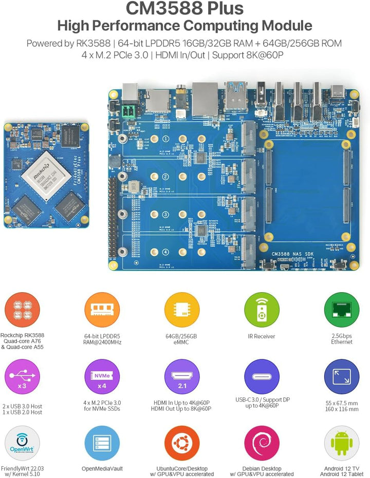 youyeetoo CM3588 Plus Mini NAS Plattform, 8K Video, RK3588,OpenMediaVault fit,16/32GB RAM, 4 x M.2 P