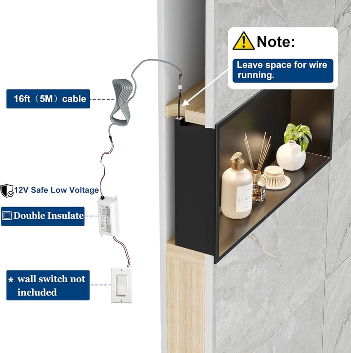 Wandnische Dusche 304 Edelstahl mit LED-Beleuchtung, Einbau-Duschnische Schwarz Einzelregal Lagerung