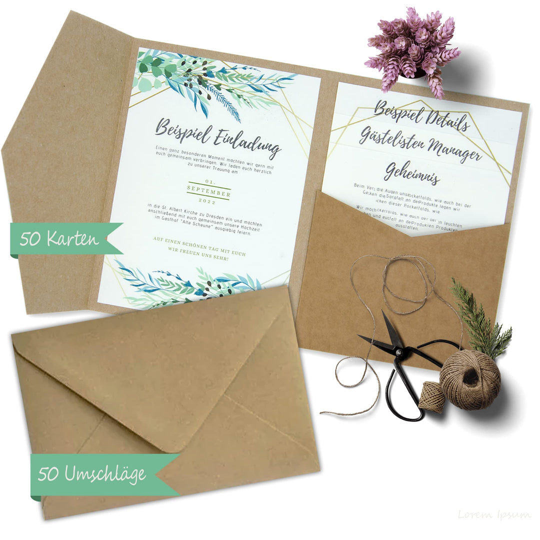 50 Stück Pocketfold Kraftpapier Hochzeitskarte blanko I 121 x 158 mm für DIN B6 Umschlag | 300 g/m²