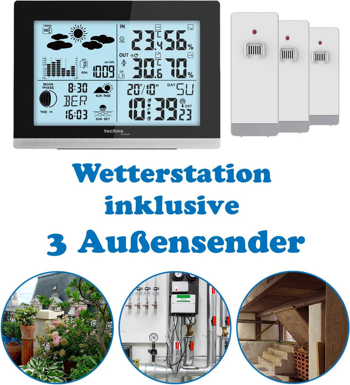 technoline Set WS6762 SETWS6762+2xTX205DTH-IT, schwarze Station weisse Sender WS6762 inkl. 3 Sensore