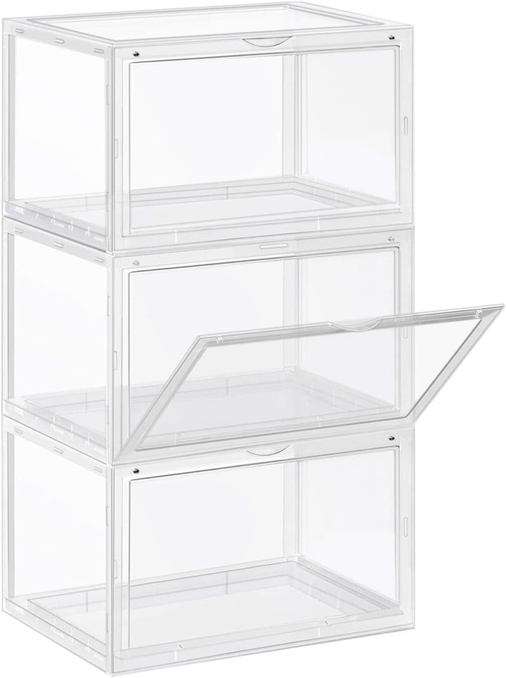 SONGMICS Schuhboxen, 3er Set, stapelbare Schuh-Organizer, Kunststoffboxen mit durchsichtiger Tür, Sc