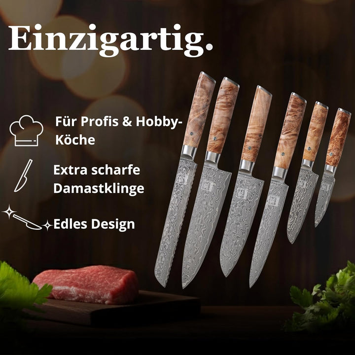 Wakoli Edib 6er Damastmesser Set mit Klingenlängen von 8,50cm bis 20,50cm extrem scharf aus 67 Lagen