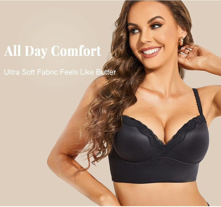 DOBREVA Push Up BH Damen ohne Bügel Soft Gepolstert Bügelloser Bralette mit Spitze 70C Schwarz, 70C