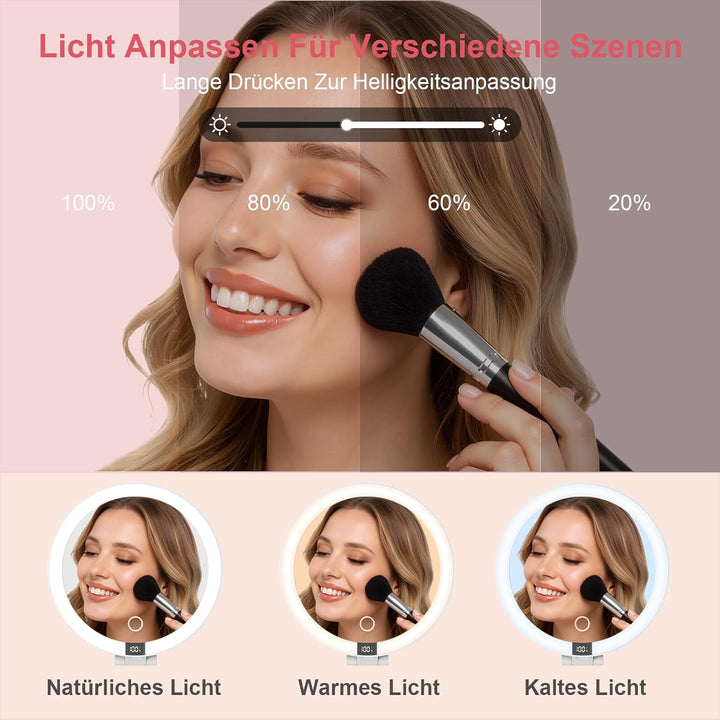 SURFOU Kosmetikspiegel mit Beleuchtung, Wiederaufladbar & Faltbar, 3 Farben Dimmbar - Doppelseitig: