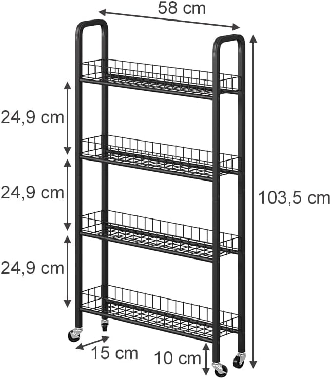Vicco Rollregal Rolivo, Schwarz, 58 x 15 cm mit 4 Fächern, auf Rollen flexibel positionierbar für sc