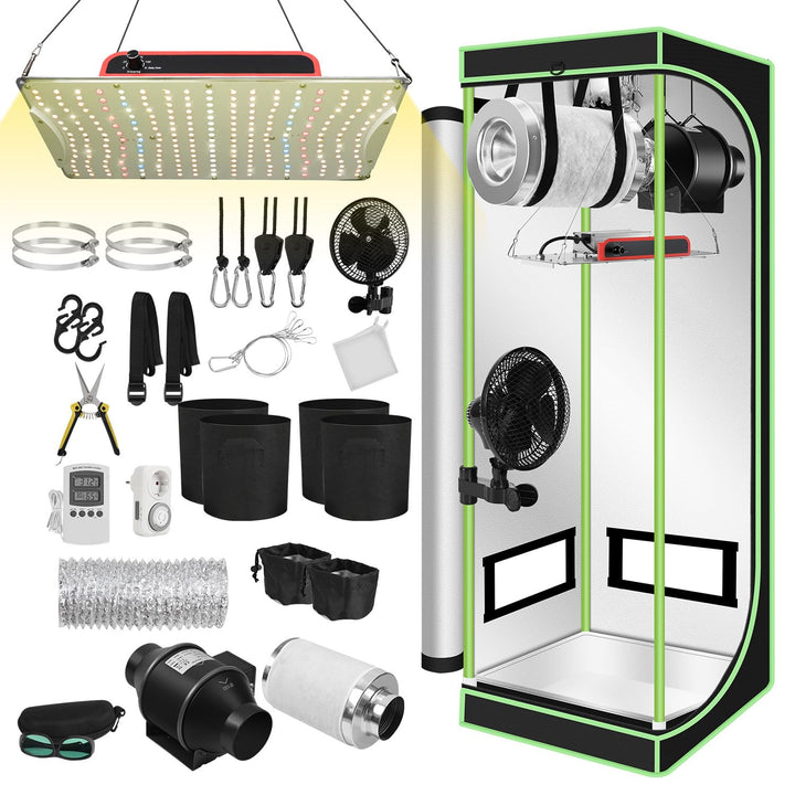 Ollewiellan Growzelt Komplettset 60x60x140cm mit 100W LED Grow Lampe, Belüftungssystem inkl. Aktivko