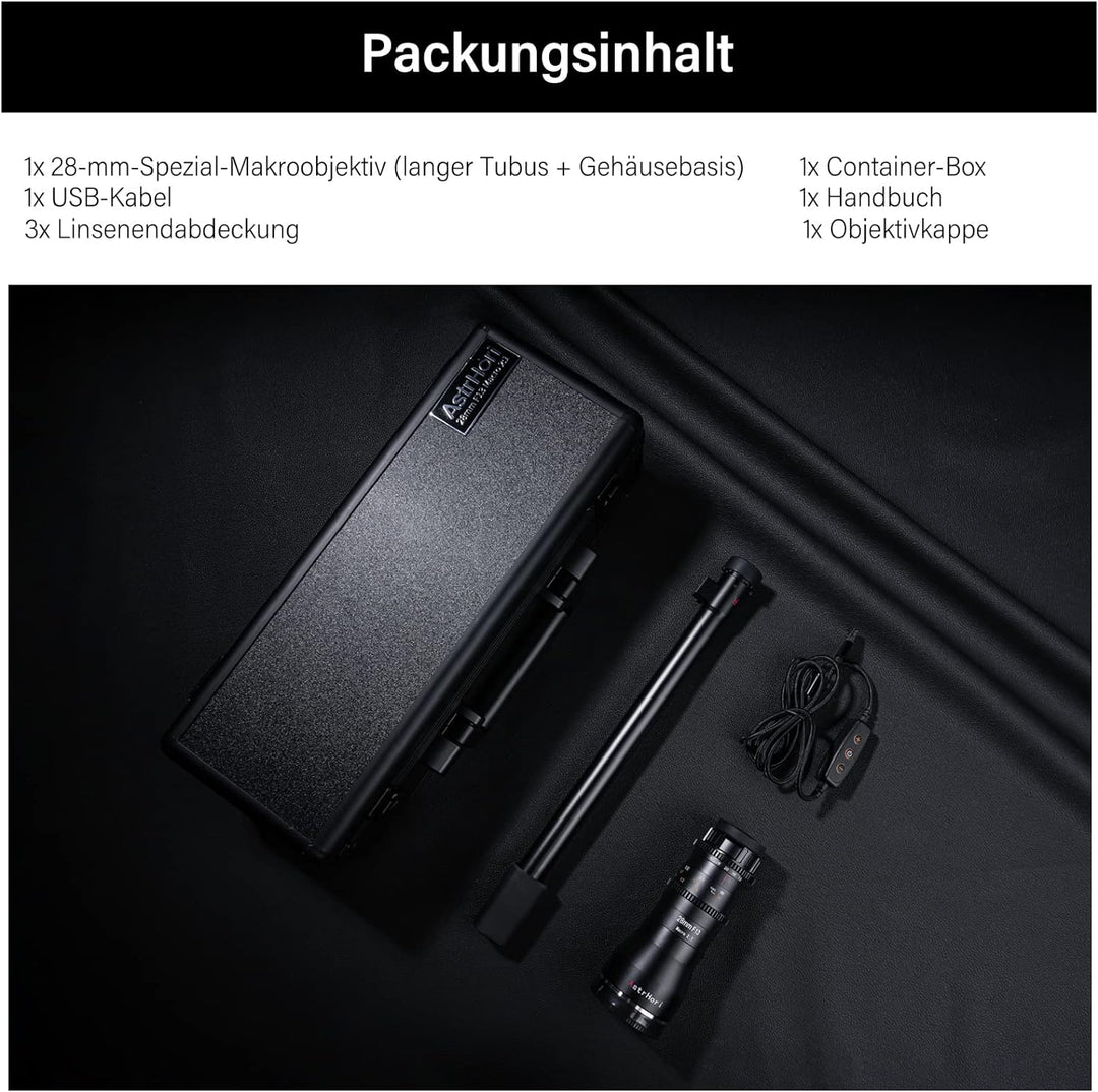 AstrHori 28 mm F13 2X Makrosondenobjektiv Vollformat Spezialobjektiv Eingebautes Ringlicht für spieg