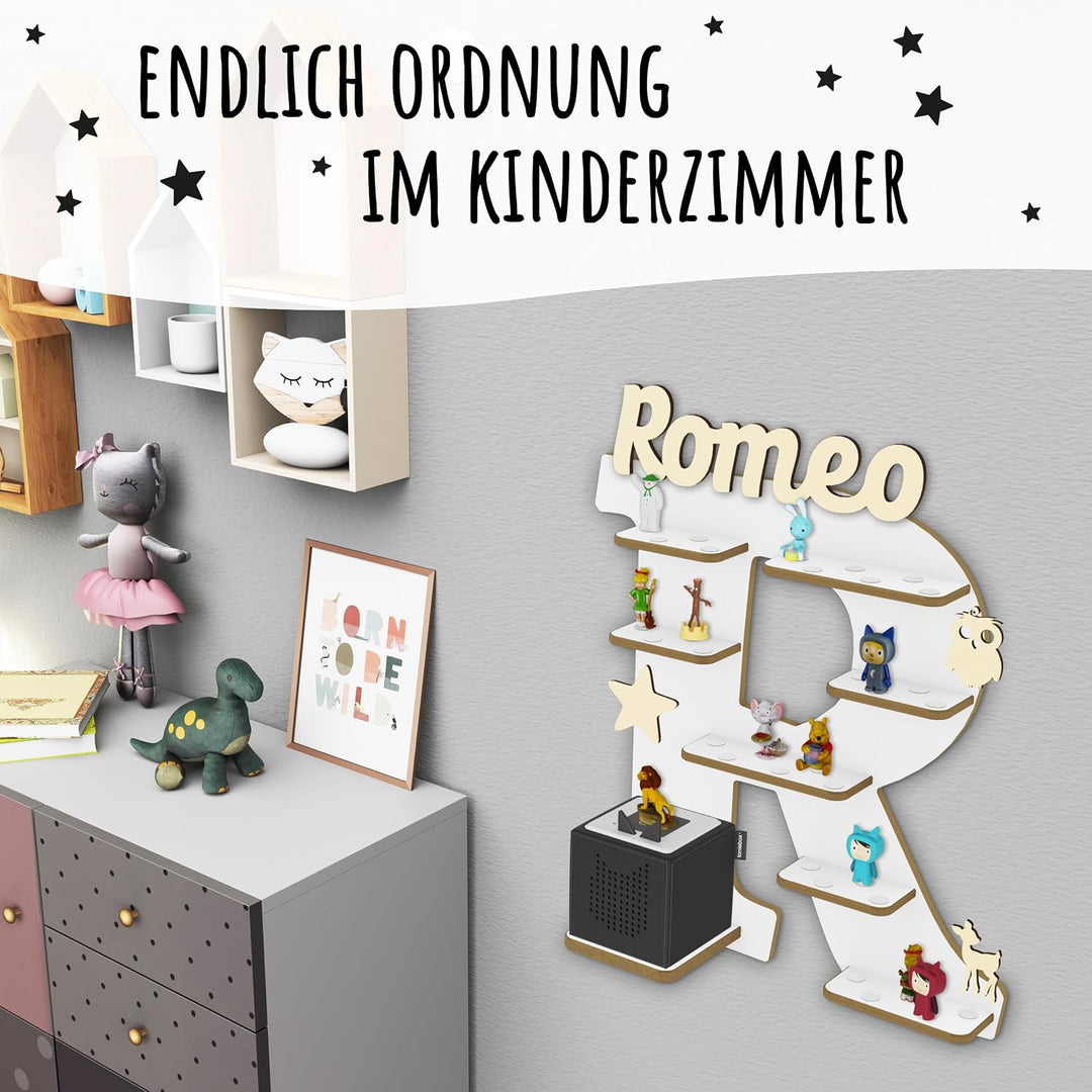 Regal Buchstabe für Toniebox, Wandregal für Tonie Figuren, personalisiert mit Name, Aufbewahrung für