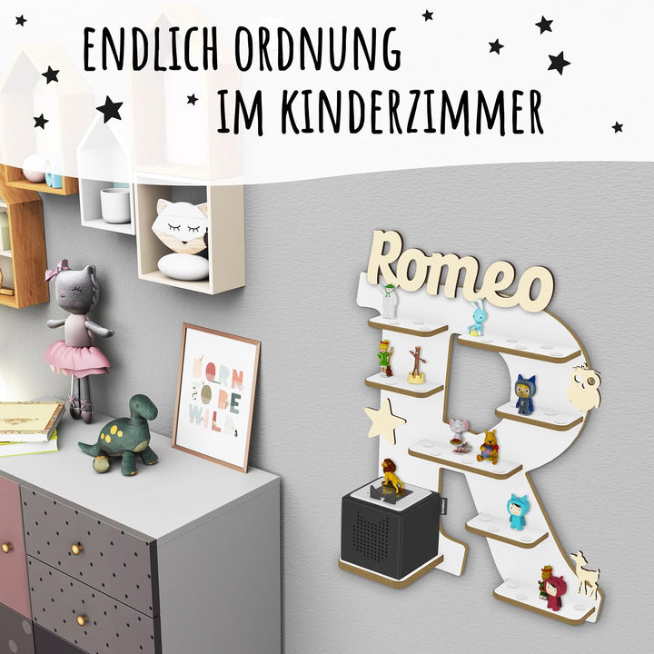Regal Buchstabe für Toniebox, Wandregal für Tonie Figuren, personalisiert mit Name, Aufbewahrung für