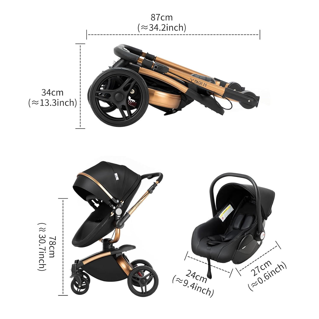 Prokoke PU-Leder Kinderwagen 3 in 1, Buggy mit Verstellbarem Sitz mit 360°-Drehung, Kinderwagen mit