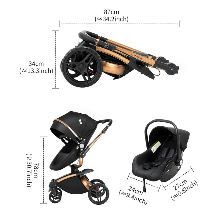Prokoke PU-Leder Kinderwagen 3 in 1, Buggy mit Verstellbarem Sitz mit 360°-Drehung, Kinderwagen mit