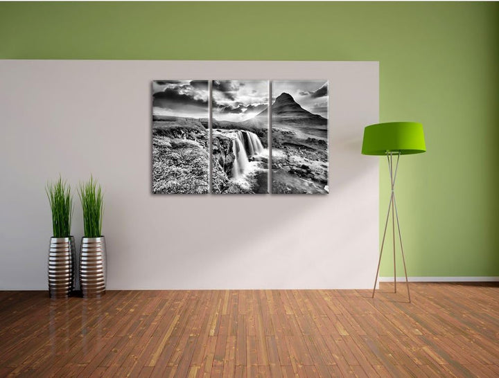 Pixxprint Wasserfall bei Sonnenuntergang als Leinwandbild/Grösse: 3 Teilig (120x80) cm/Wandbild/Kuns