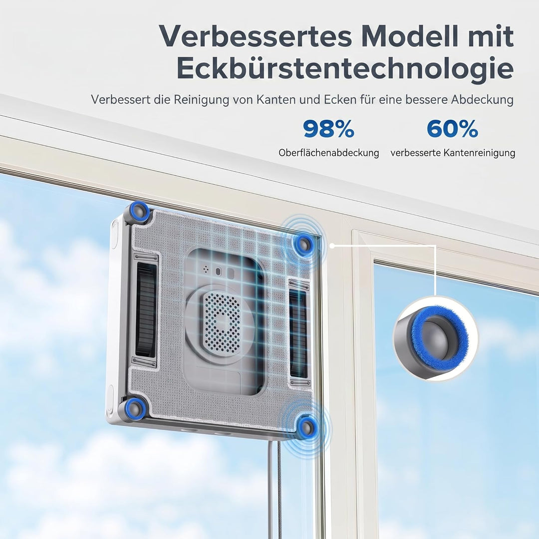 Lubluelu Fensterputzroboter mit 4 Eck-Reinigungsbürsten, 8 kPa Saugleistung, KI-Navigation, Dual-Spr