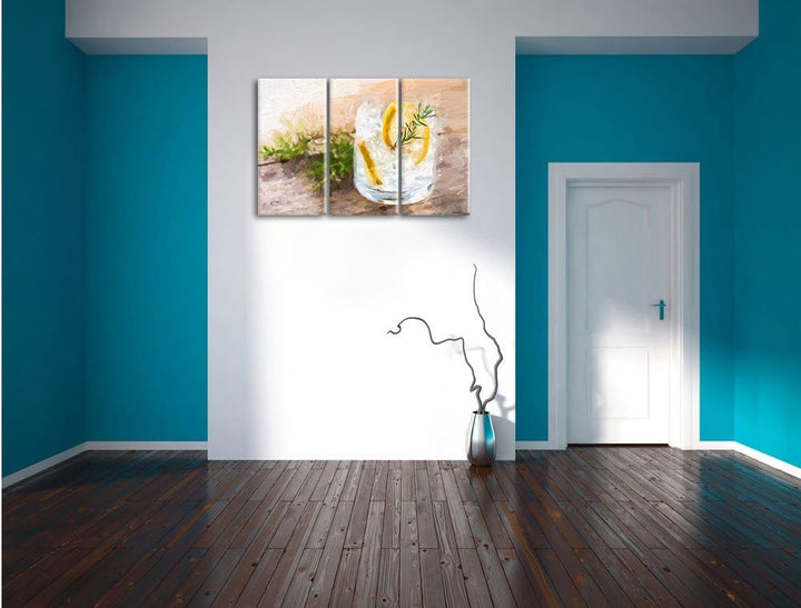 Pixxprint Gin Tonic, Lemon, Drinks on Ice Pinsel Effekt 3-Teiler Leinwandbild 120x80 Bild auf Leinwa