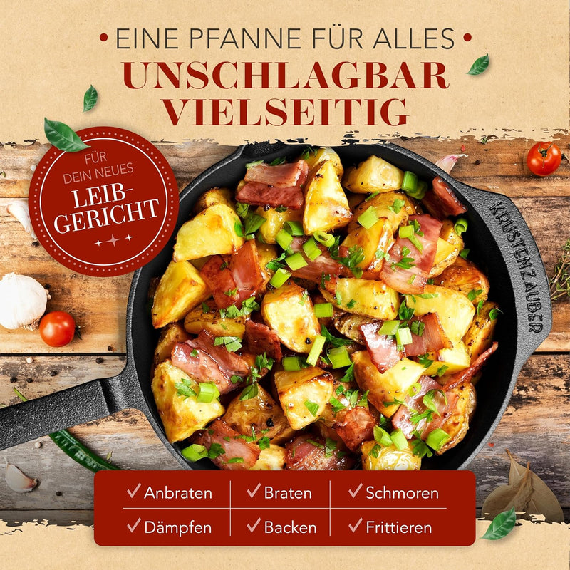 KRUSTENZAUBER 16+20+24cm Gusseisenpfannen Induktion - Voreingebrannte Gusseisen Pfannen - Ideale Gri