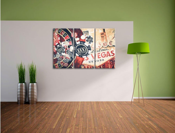 Pixxprint Las Vegas Casino Roulette Kunst Pinsel Effekt 3-Teiler Leinwandbild 120x80 Bild auf Leinwa
