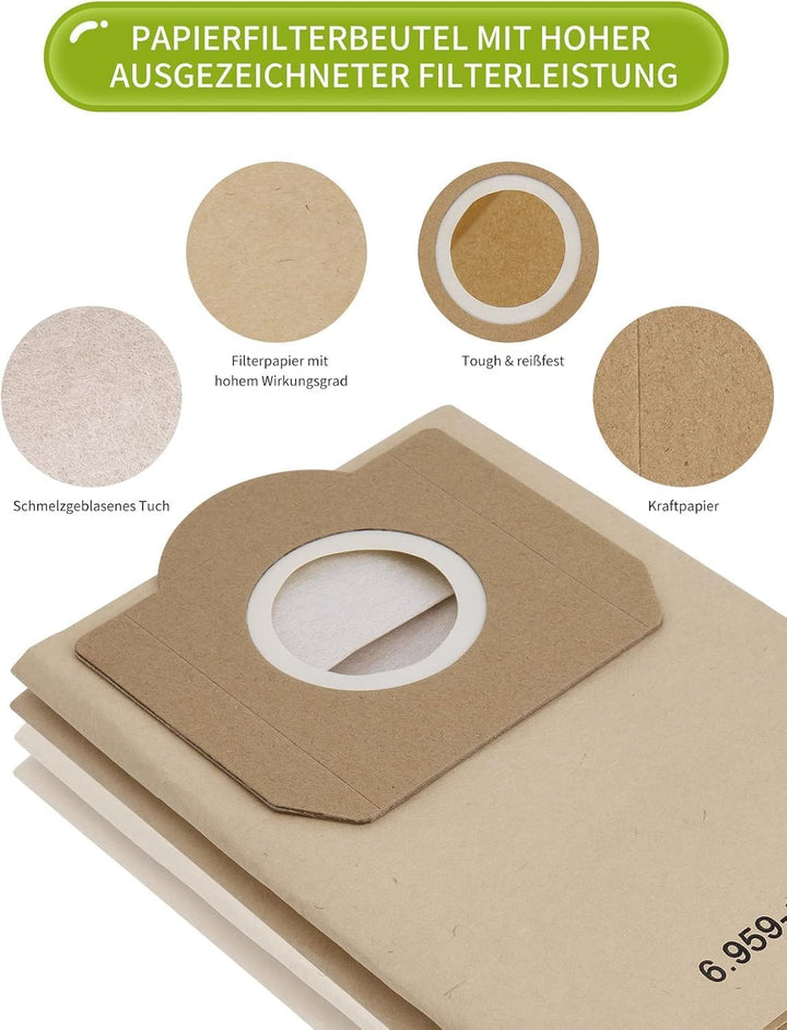 15 Stück Papierfilterbeutel für Kärcher 6.959-130.0, WD3 Staubsaugerbeutel Papier Filtertüten Beutel