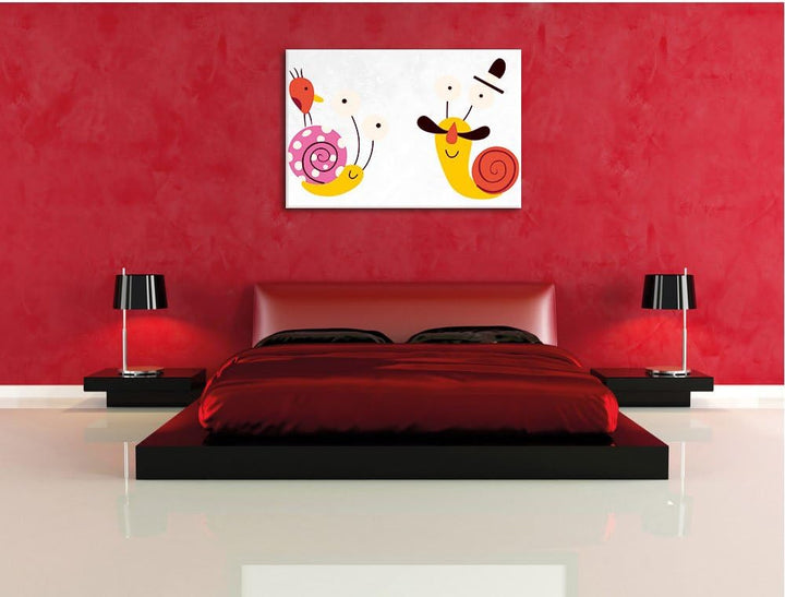 Pixxprint lustige Schnecken mit Vogel als Leinwandbild/Grösse: 100x70 cm/Wandbild/Kunstdruck/fertig