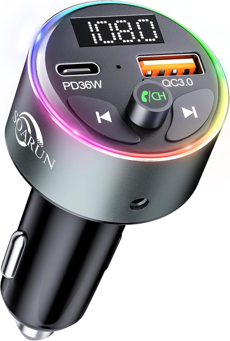 Bluetooth Adapter Auto, SOARUN AUX Bluetooth 5.3 FM Transmitter Auto Radio 54W (PD 36W&QC 3.0 18W) M