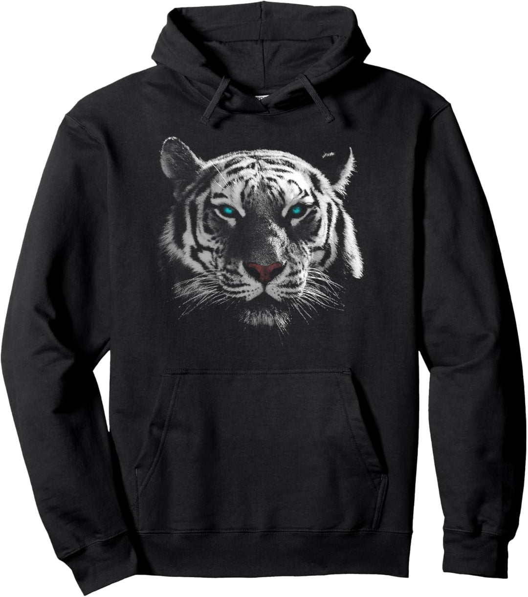 Tiger Artwork | Weisser Schwarz, Blauäugiger weisser Tiger Pullover Hoodie