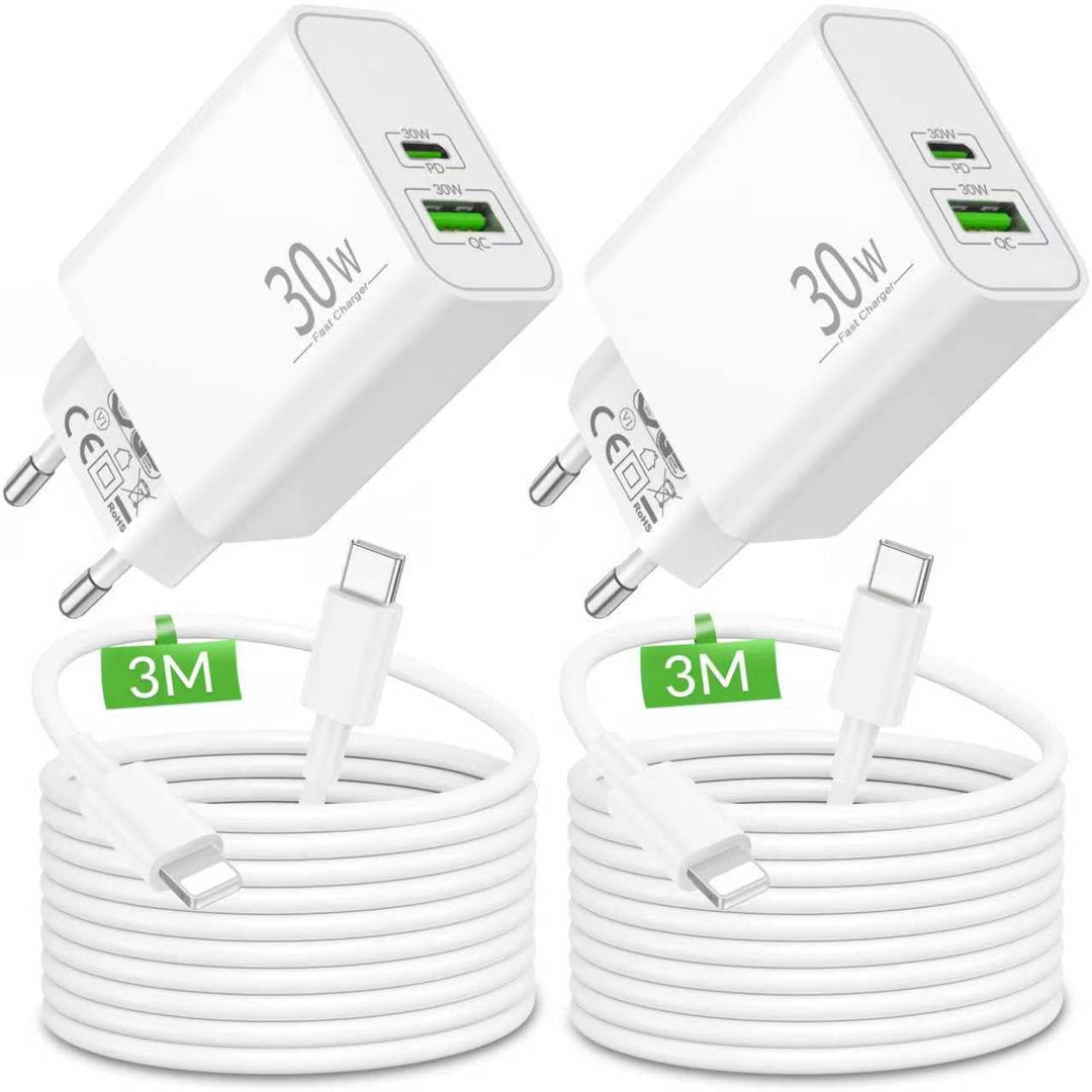 ARCCRA 30W 2-Port Schnellladegerät + 3M Lang Ladekabel für iPhone 14 13 12 11 Pro Max Plus, iPhone X