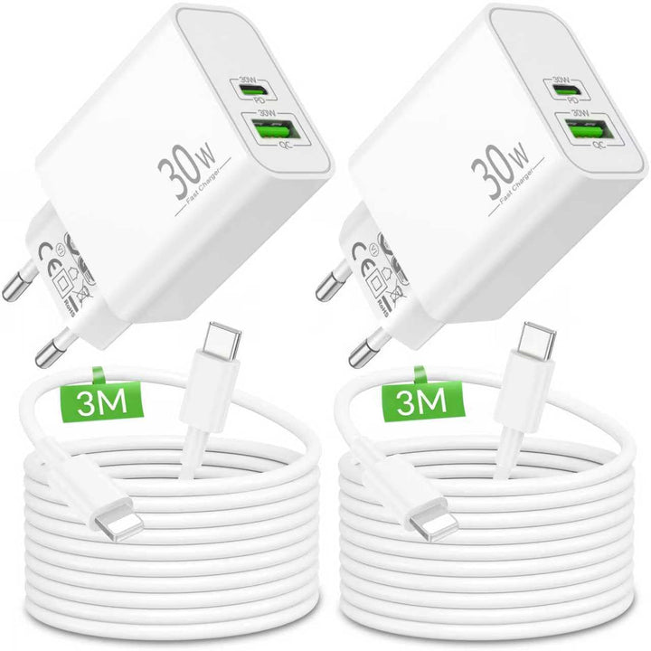 ARCCRA 30W 2-Port Schnellladegerät + 3M Lang Ladekabel für iPhone 14 13 12 11 Pro Max Plus, iPhone X