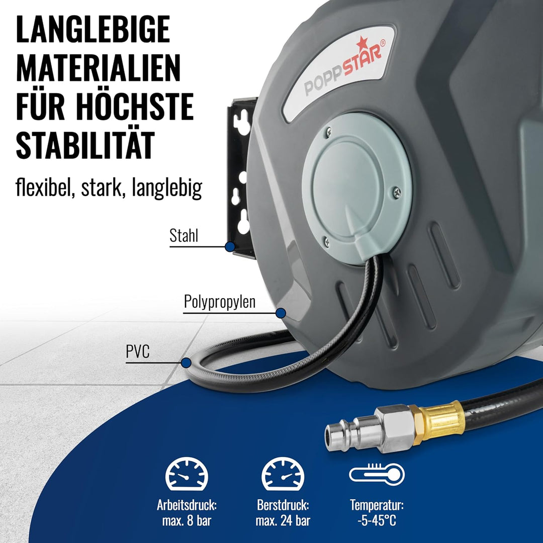 Poppstar Druckluftschlauchtrommel (Schlauch: 10m + 1m, Innendurchmesser 5/16" (8x12mm), 1/4"BSPT), S