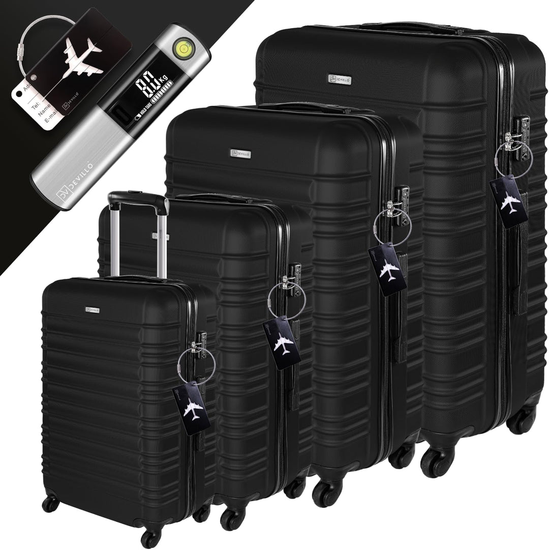 Devillo® Hartschalenkofferset Kofferset 4tlg. S-M-L-XL, Schwarz - Hard Shell Trolley Koffer Reisekof