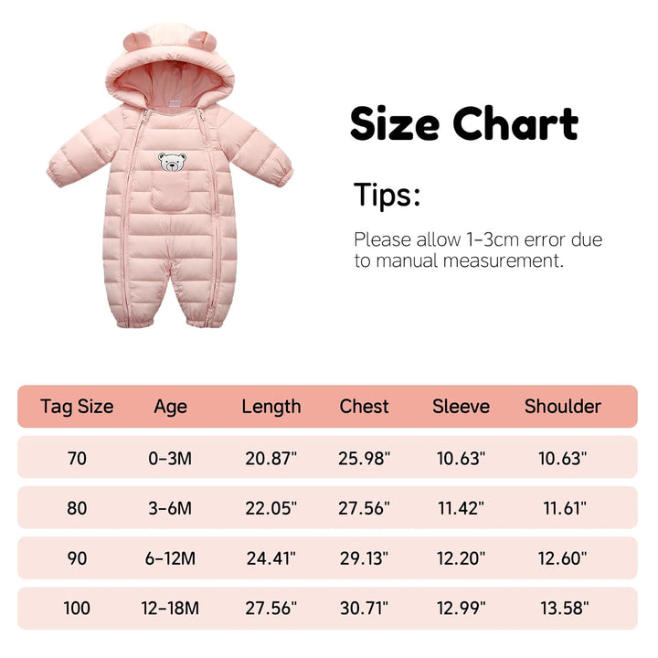 Baby Schneeanzüge Winter Overall Strampler Mit Kapuze Outfits Bär Jungen Mädchen Spielanzug Hellrosa