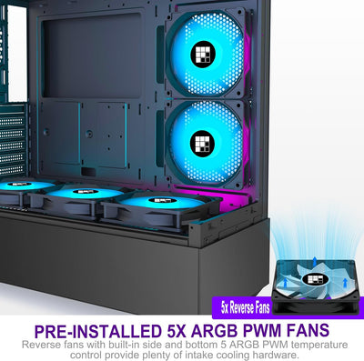 FOIFKIN PC Gehäuse - Vorinstallierter 5 PWM ARGB-Lüfter, ATX Mid-Tower Gaming PC Gehäuse, 270° Panor