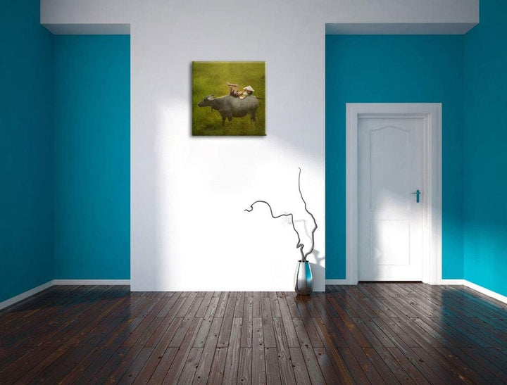 Wasserbüffel trägt Kind, Format: 70x70 auf Leinwand, XXL riesige Bilder fertig gerahmt mit Keilrahme