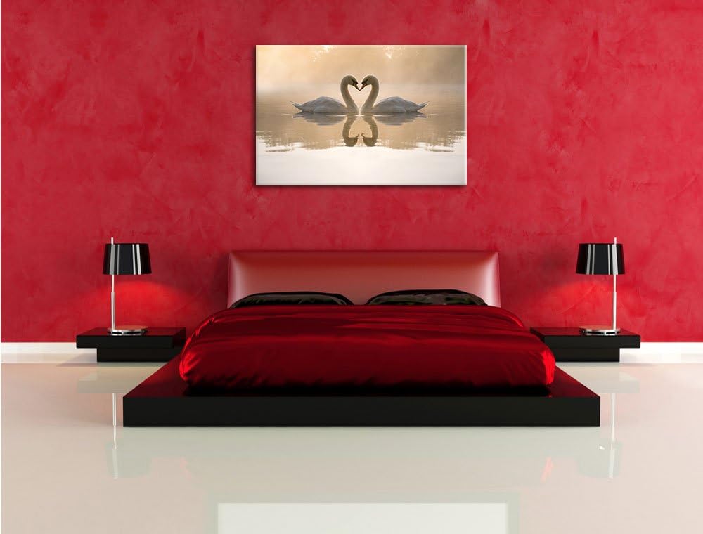 Verliebte weisse Schwäne im Morgengrauen Format: 100x70 auf Leinwand, XXL riesige Bilder fertig gera