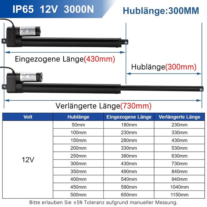 300mm Hub 3000N IP65 Wasserdicht Linearantrieb 12V Linear Actuator Linearmotor 5mm/s Mit Montagebüge