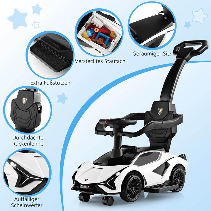 GOPLUS 3 in 1 Rutschauto, Lamborghini Schiebauto mit abnehmbarem Universalrad, USBs, Musik, Stauraum